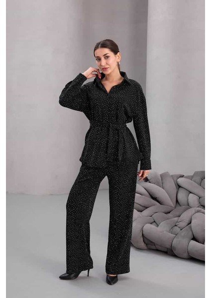 Kadın Siyah Fiyonklu Oversize Gömlek ve Bağcıklı Beli Lastikli Taş Işlemeli Ikili Takım