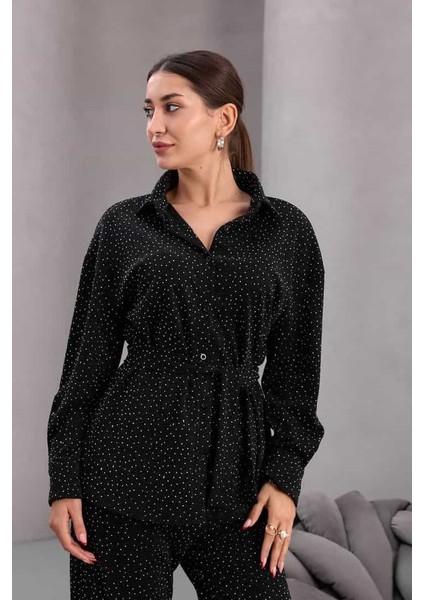 Kadın Siyah Fiyonklu Oversize Gömlek ve Bağcıklı Beli Lastikli Taş Işlemeli Ikili Takım fiyatları