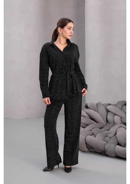 Kadın Siyah Fiyonklu Oversize Gömlek ve Bağcıklı Beli Lastikli Taş Işlemeli Ikili Takım modelleri