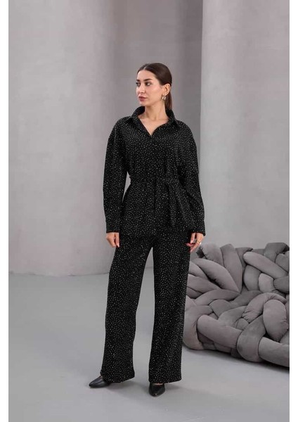 Kadın Siyah Fiyonklu Oversize Gömlek ve Bağcıklı Beli Lastikli Taş Işlemeli Ikili Takım fırsatları
