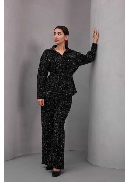 Kadın Siyah Fiyonklu Oversize Gömlek ve Bağcıklı Beli Lastikli Taş Işlemeli Ikili Takım indirimleri