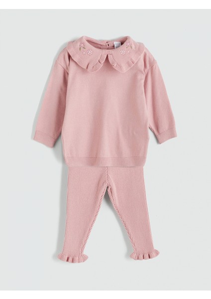 Lc Waıkıkı Pembe Bebe Yaka Kız Bebek Triko Sweatshirt ve Tayt 2'li