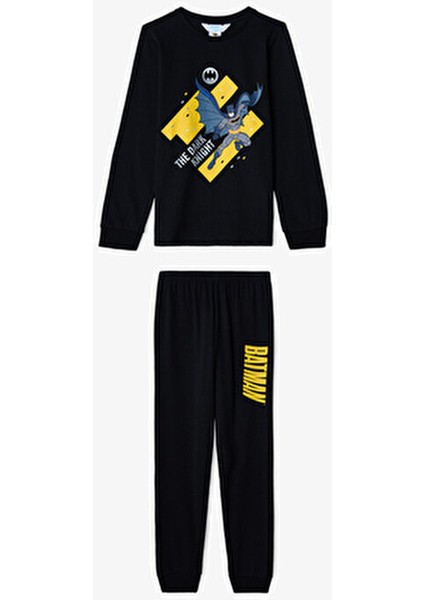 Siyah Erkek Çocuk Batman Çizgi Film Desenli Pamuklu Uzun Kollu Pijama Takımı