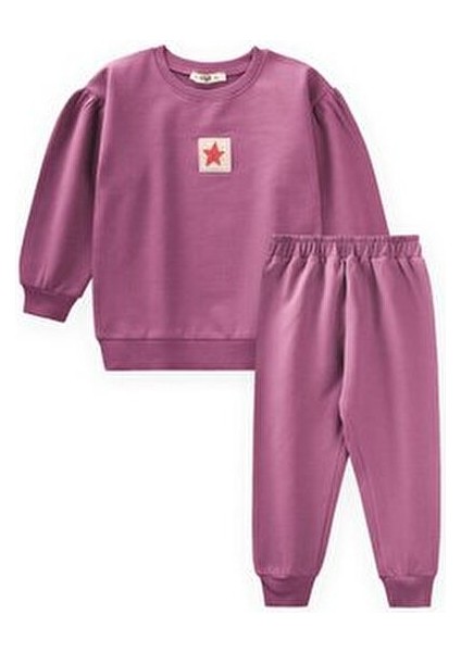 Etiket Detaylı Sweatshirt Takım 1-7 Yaş Fuşya