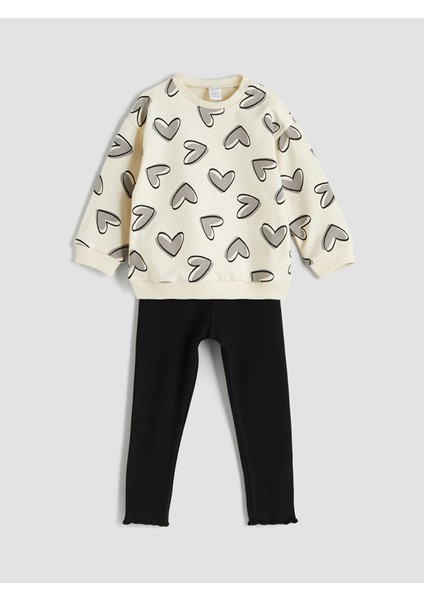 Yeni Sezon Bisiklet Yaka Baskılı Kız Bebek Sweatshirt ve Tayt 2'li