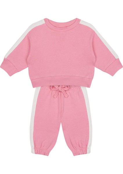 Pembe Beyaz Kontrastlı Sweatshirt ve Pantolon Kız Bebek 2'li Set