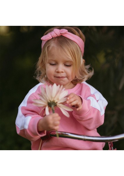 Pembe Beyaz Kontrastlı Sweatshirt ve Pantolon Kız Bebek 2'li Set