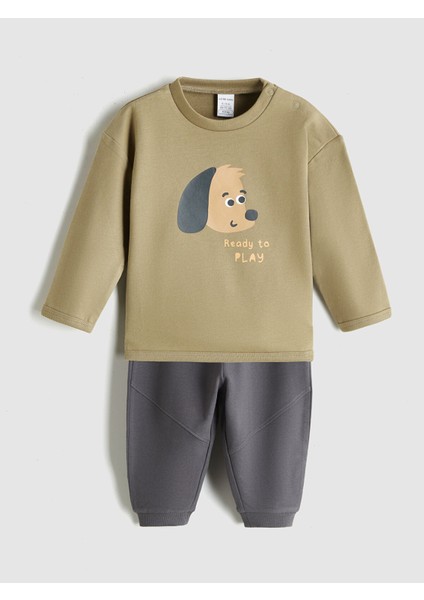 Yeni Sezon Baskılı Erkek Bebek Sweatshirt ve Eşofman Alt 2'li