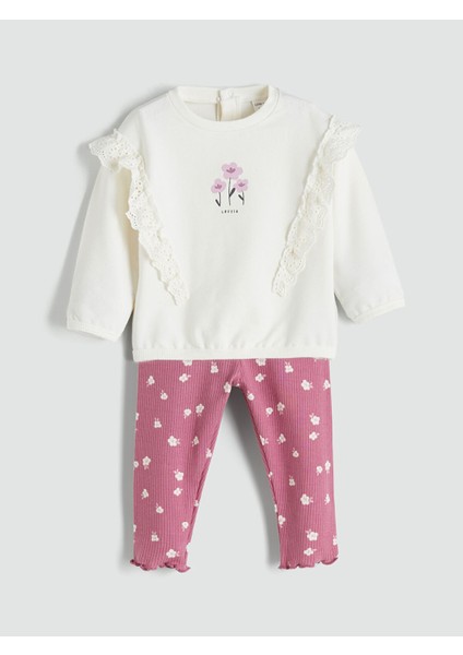 Yeni Sezon Bisiklet Yaka Çiçekli Kız Bebek Sweatshirt ve Tayt 2'li