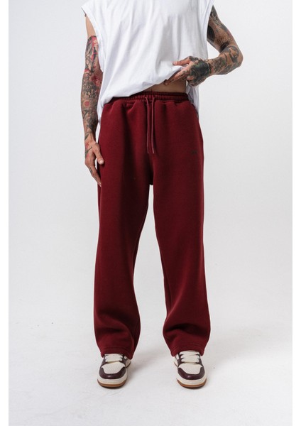 Erkek Respire Yazı Detaylı Basic Baggy Eşofman Altı Bordo