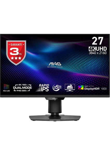 Msı 27" Mag 274UPDF E16M 3840X2160 (Uhd) 16:9 Flat Rapıd IPS Mını LED 160HZ 0.5ms Adaptıve-Sync Pıvot Gamıng Monıtor