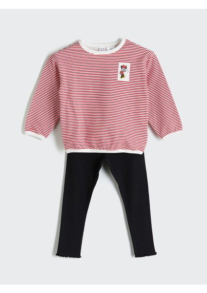 Yeni Sezon Bisiklet Yaka Minnie Mouse Baskılı Kız Bebek Sweatshirt ve Tayt 2'li