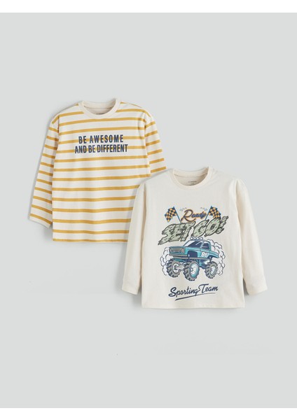 Yeni Sezon Bisiklet Yaka Baskılı Erkek Çocuk Tişört 2'li