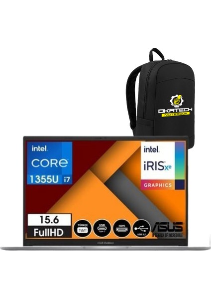 Vıvobook 15 X1504VA-NJ2770 I7-1355U 24GB Ram 512 GB SSD Fhd 15.6” W11PRO Notebook + Okatech Çanta