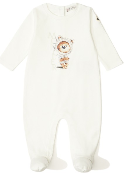 Beyaz Ayıcık Baskılı Unisex Bebek Ayaklı Tulum