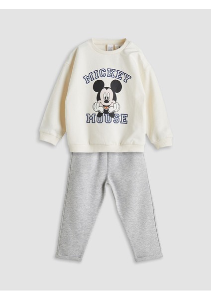 Yeni Sezon Bisiklet Yaka Mickey Mouse Baskılı Erkek Bebek Sweatshirt ve Eşofman Alt 2'li