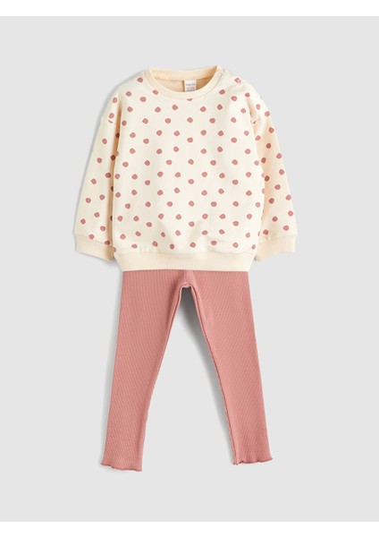 Yeni Sezon Bisiklet Yaka Baskılı Kız Bebek Sweatshirt ve Tayt 2'li