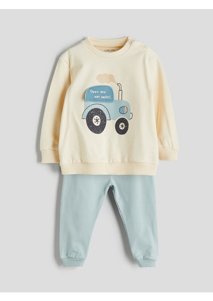 Yeni Sezon Bisiklet Yaka Baskılı Erkek Bebek Sweatshirt ve Eşofman Alt 2'li