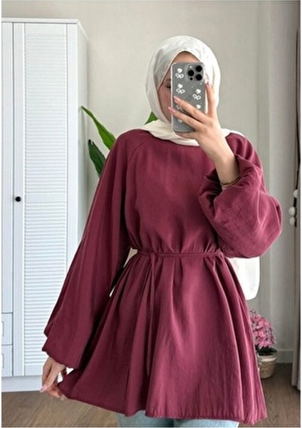 Balon Kol Bel Bağlamalı Tesettür Gömlek Bordo