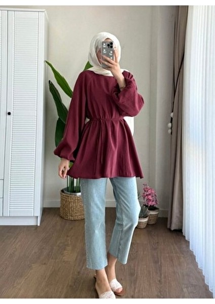 Balon Kol Bel Bağlamalı Tesettür Gömlek Bordo fiyatları