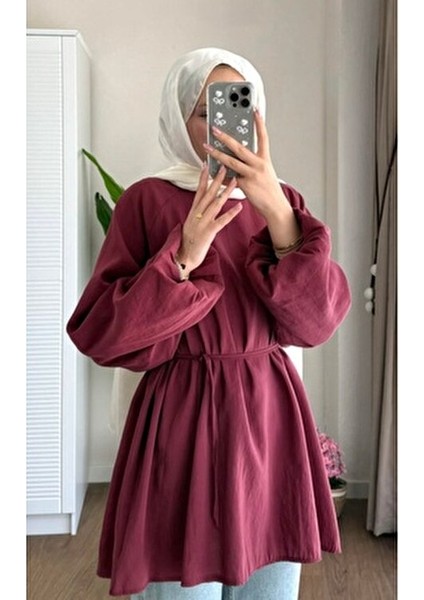 Balon Kol Bel Bağlamalı Tesettür Gömlek Bordo modelleri