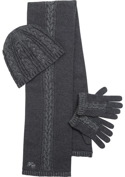 Gri Örgü Desenli Atkı Bere ve Eldiven Kız Çocuk 3'lü Set