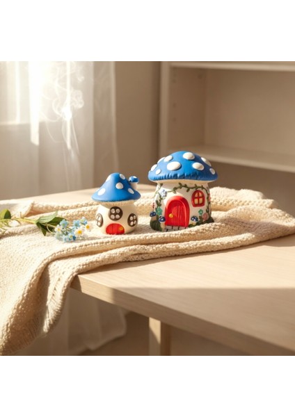 Mavi-Beyaz Mantar Ev Desenli 2'li Dekoratif Set
