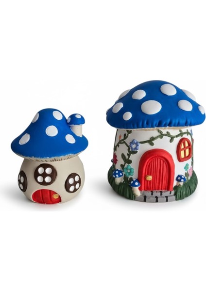 Mavi-Beyaz Mantar Ev Desenli 2'li Dekoratif Set fiyatları