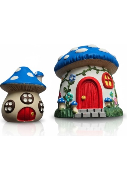 Mavi-Beyaz Mantar Ev Desenli 2'li Dekoratif Set modelleri