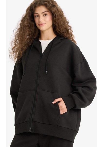 V4233 Siyah Oversize Geniş Kalıp Kapüşonlu Fermuarlı Sweatshirt