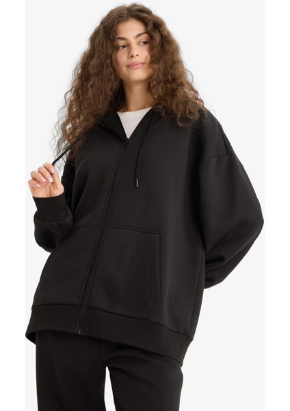 V4233 Siyah Oversize Geniş Kalıp Kapüşonlu Fermuarlı Sweatshirt modelleri