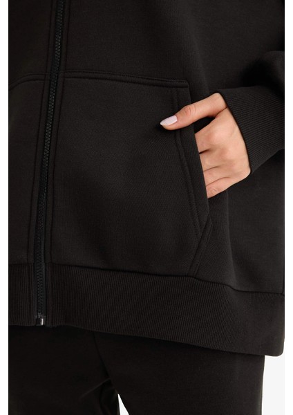 V4233 Siyah Oversize Geniş Kalıp Kapüşonlu Fermuarlı Sweatshirt fırsatları