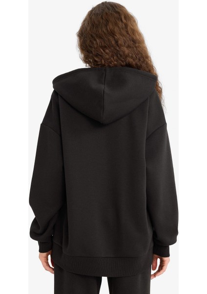 V4233 Siyah Oversize Geniş Kalıp Kapüşonlu Fermuarlı Sweatshirt indirimleri