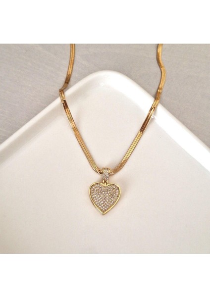 Zirkon Taşlı Kalp Detaylı Italyan Zincir Çelik Kolye (46,5 Cm) fiyatları