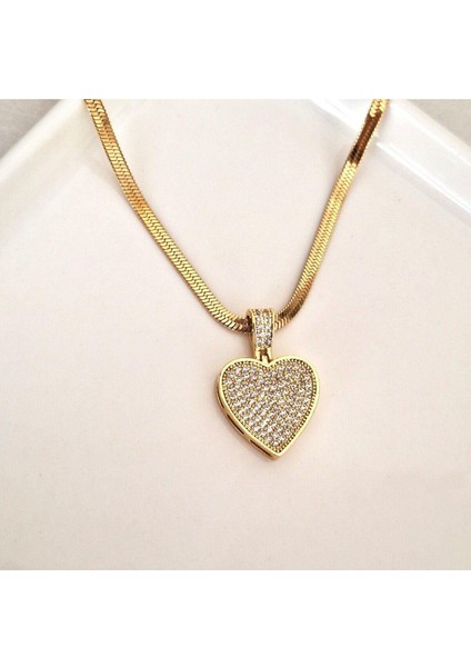 Zirkon Taşlı Kalp Detaylı Italyan Zincir Çelik Kolye (46,5 Cm) modelleri