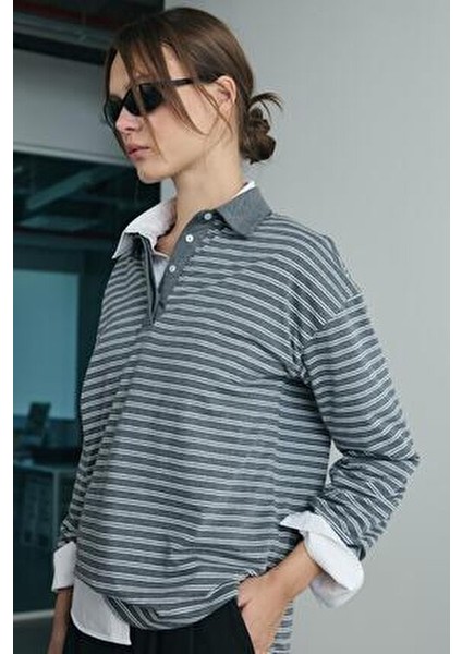 Gri Monroe Çizgili Polo Yaka Tişört