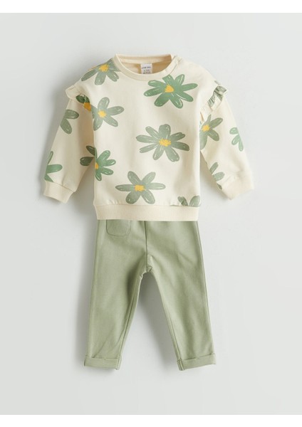 Yeni Sezon Çiçekli Kız Bebek Sweatshirt ve Pantolon 2'li Takım