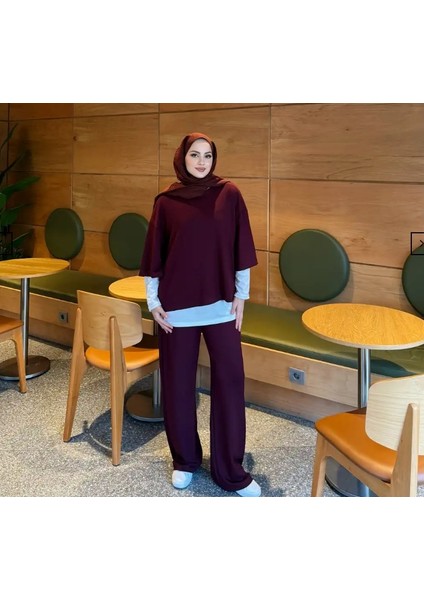 Kadın 3’lü Takım ♦ Scuba Kumaş ♦ Bordo ♦ Yüksek Bel Cepli Geniş Paça Pantolon ♦ Günlük Şık Kombin