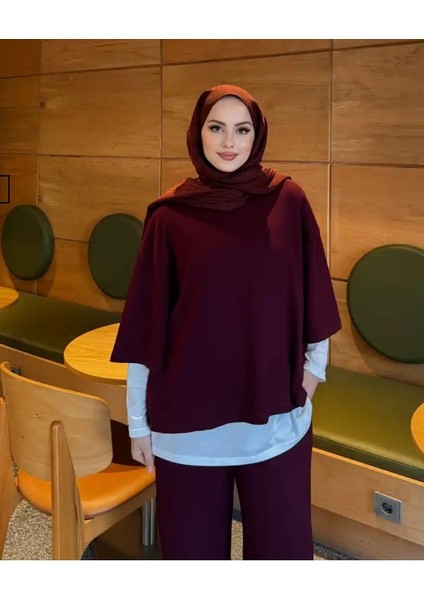 Kadın 3’lü Takım ♦ Scuba Kumaş ♦ Bordo ♦ Yüksek Bel Cepli Geniş Paça Pantolon ♦ Günlük Şık Kombin fiyatları