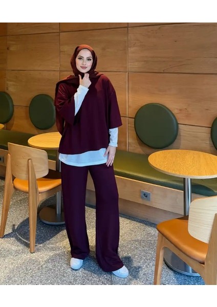 Kadın 3’lü Takım ♦ Scuba Kumaş ♦ Bordo ♦ Yüksek Bel Cepli Geniş Paça Pantolon ♦ Günlük Şık Kombin modelleri