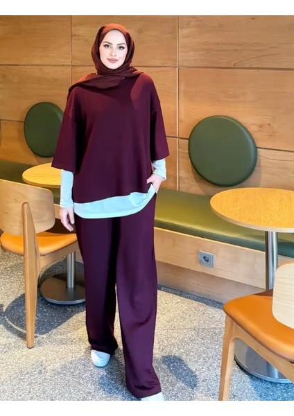 Kadın 3’lü Takım ♦ Scuba Kumaş ♦ Bordo ♦ Yüksek Bel Cepli Geniş Paça Pantolon ♦ Günlük Şık Kombin fırsatları