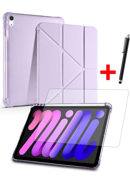Apple iPad Mini 7 / iPad Mini 6 Uyumlu 360 Derece Dönebilen Uyku Modlu Standlı Akıllı Kılıf Ekran Koruyucu ve Kalem Set
