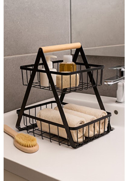 2 Katlı Siyah Otel Tipipaslanmaz Banyo Düzenleyici Mutfak Çok Kullanımlı Organizer Mutfak Rafı