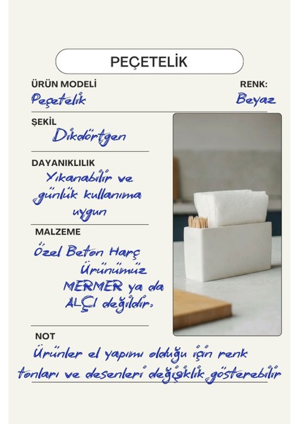 El Yapımı Beton Gri Alçı Peçetelik | Minimal Masa ve Mutfak Dekoru | Kafe & Bar Için