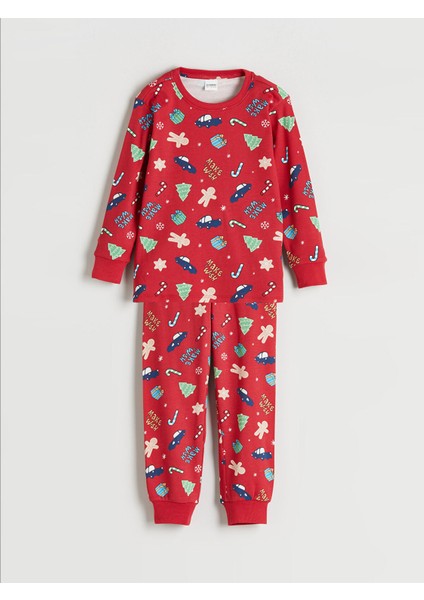 Yeni Sezon Bisiklet Yaka Yılbaşı Temalı Erkek Çocuk Pijama Takımı