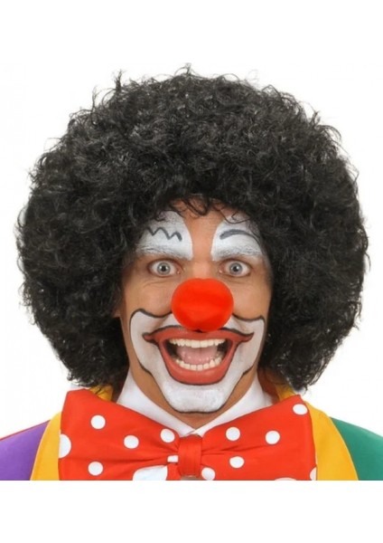 Siyah Renk Kıvırcık Afro Bonus Peruk Saç ve Kırmızı Sünger Burun Seti (4887)