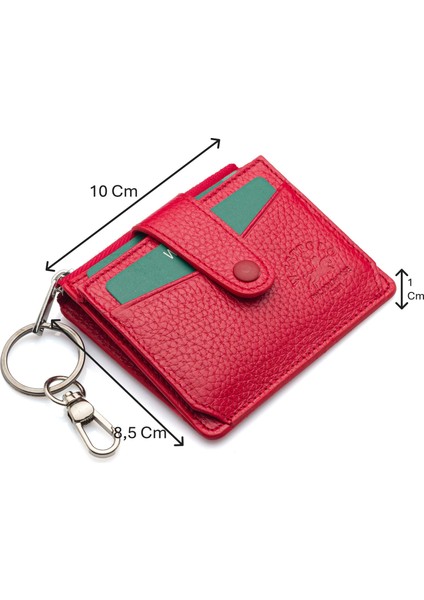 Hakiki Deri Anahtarlıklı ve Fermuarlı Bol Kart Bölmeli Unisex Kartlık - Kırmızı