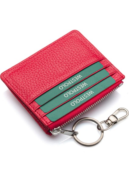 Hakiki Deri Anahtarlıklı ve Fermuarlı Bol Kart Bölmeli Unisex Kartlık - Kırmızı fırsatları