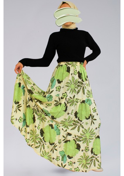 Kadın Uzun Etek - Viskon Kumaş Çiçek Desenli Kadın Uzun Etek