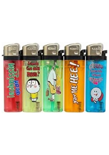 5’li Renkli Karikatür Desenli Gazlı Çakmak Seti – Şeffaf Gövde